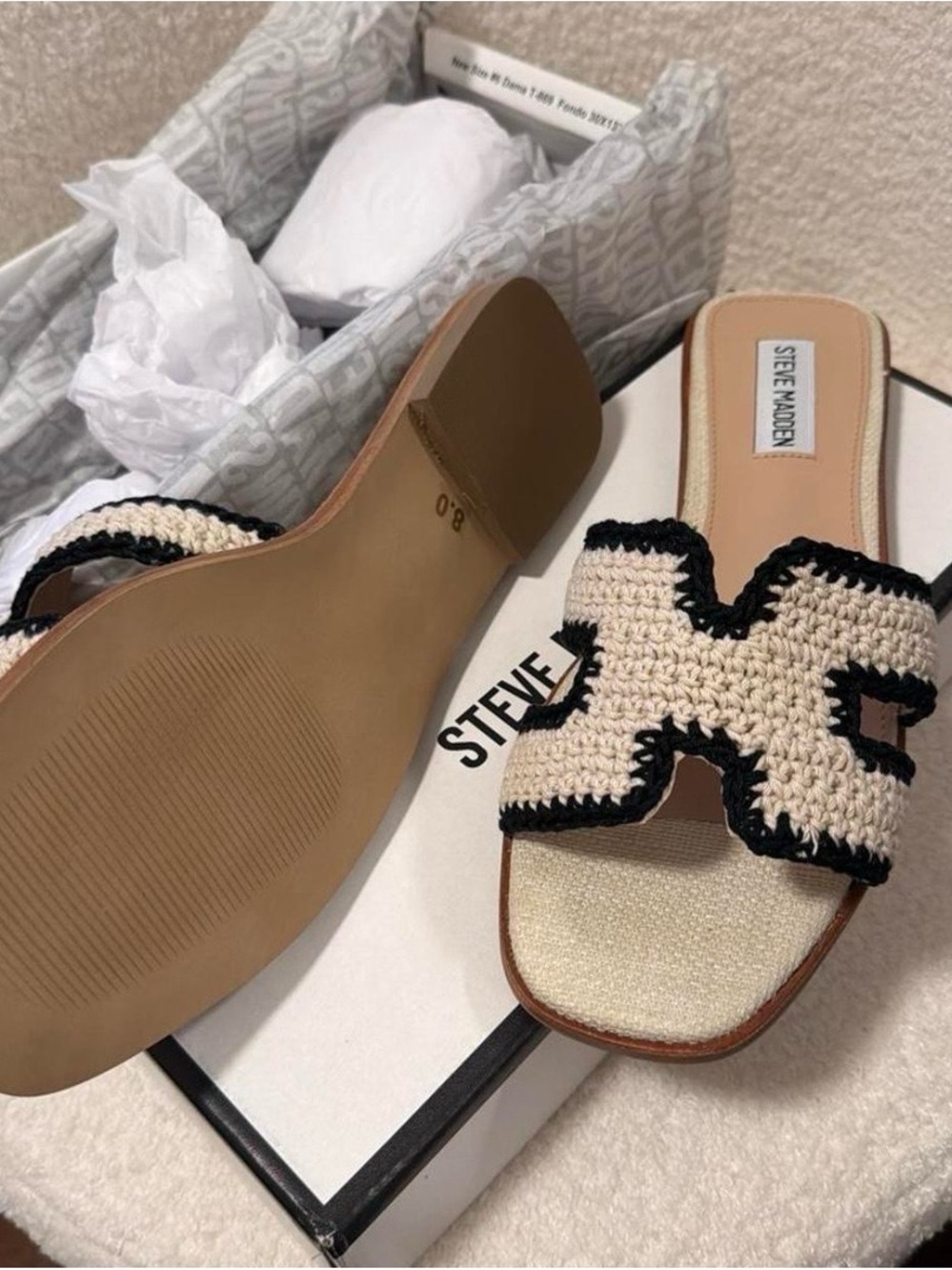 Steve Madden Beige Crochet Slide Sandals with Black Trim - Picture 3 of 4